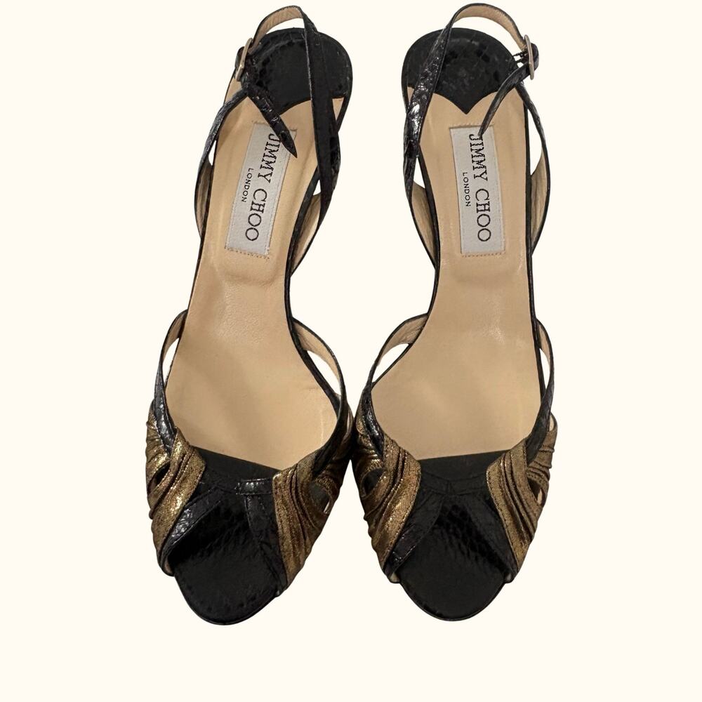 Jimmy Choo Snakeskin Print Leather Strappy High Heels Slingback Glam Party 38.5
